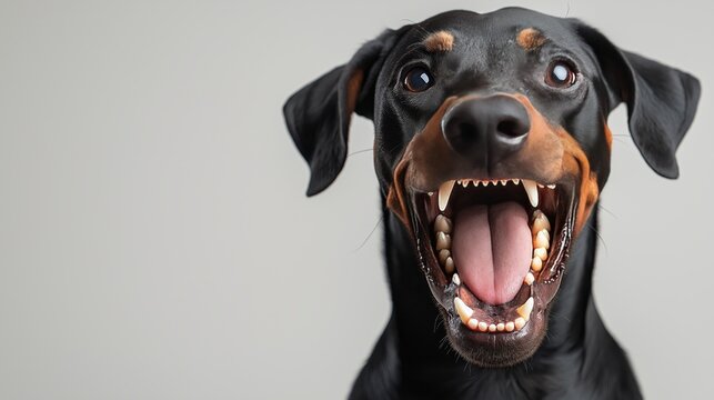 Happy and playful Doberman showing off its teeth in cheerful expression