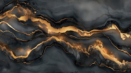 Naklejka premium Abstract art made with alcohol ink that imitates a marble stone cut, with glowing golden veins mixing black, gray, and gold paint, creating a dreamy and tender design.