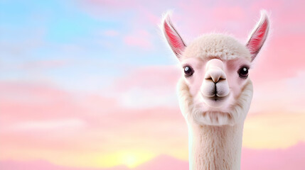 Obraz premium Alpaca portrait, sunset sky background, farm animal, peaceful scene, website header