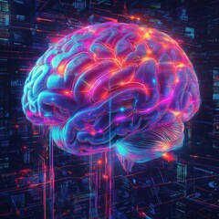 Futuristic neon cybernetic brain with glowing AI neural connections