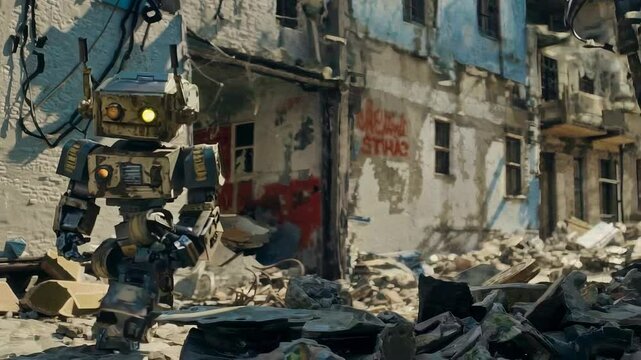Cute Angry Toy Robot Kicks Rubble of the Ruins of a Destroyed City. Looping. Animated Background / Wallpaper. VJ / Vtuber / Streamer Backdrop. Seamless Loop.
