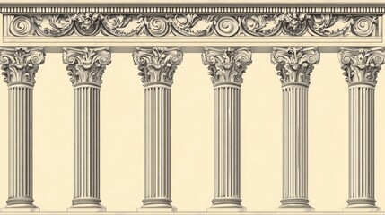 Obraz premium An ancient Roman-style drawing with columns and borders, similar to old Venetian designs. It's made with a single line in a vector graphic style.