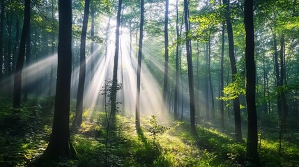 Obraz premium Sunbeams illuminate misty forest path.