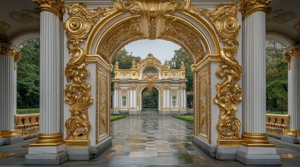 An elegant archway in gold, with pillars on either side. This Baroque-style entrance looks like a gateway to a magical palace.
