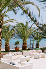 Fototapeta premium White wicker tables and chairs stand near green palm trees on the seashore