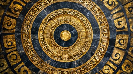 Fototapeta premium An intricate gold and black Greek ornament encircles an image of Ancient Greece and Rome. Byzantine art decorates the walls, floors, and ceilings of European palaces.