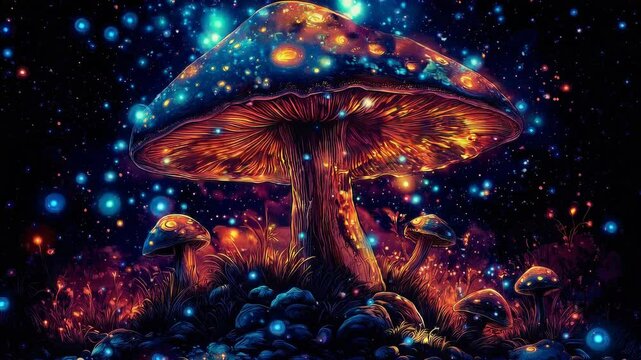 Magic Glowing Mushrooms in Space. Psychedelic Toadstools Surrounded by Stars.  Looping. Animated Background / Wallpaper. VJ / Vtuber / Streamer Backdrop. Seamless Loop.