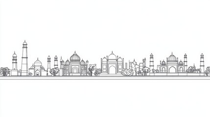 Naklejka premium An outline drawing of the New Delhi skyline. It shows well-known buildings, such as the Red Fort and the Lotus Temple.