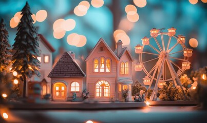 Obraz premium Artistic composition of miniature houses and ferris wheels in soft pastel colors, illuminated by warm natural light for a playful aesthetic