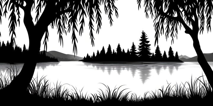 Serene lake landscape with weeping willows and island.