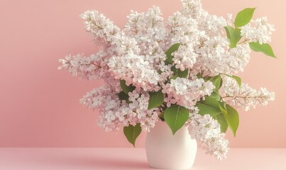 Blooming white lilac flowers placed on a soft pastel background, delicate details highlighted by gentle natural light