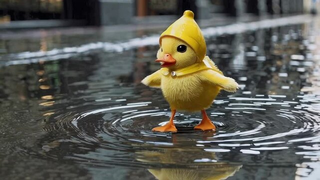 Cute Duckling in a Yellow Raincoat Walking through Puddles on a City Street. Looping. Animated Background / Wallpaper. VJ / Vtuber / Streamer Backdrop. Seamless Loop.
