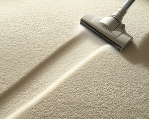 Close-up of a vacuum cleaner cleaning light beige carpet, symbolizing cleanliness and home maintenance. The image shows a modern vacuum appliance cleaning a soft, light-colored carpet.