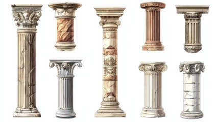 Naklejka premium Ancient pillars from Greece and Rome, with different designs. These pillars are used in historic architecture and are isolated in this vector illustration set.