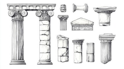 Naklejka premium Antique Greek architectural elements include hand-drawn columns, pillars, and structures isolated on a white background.