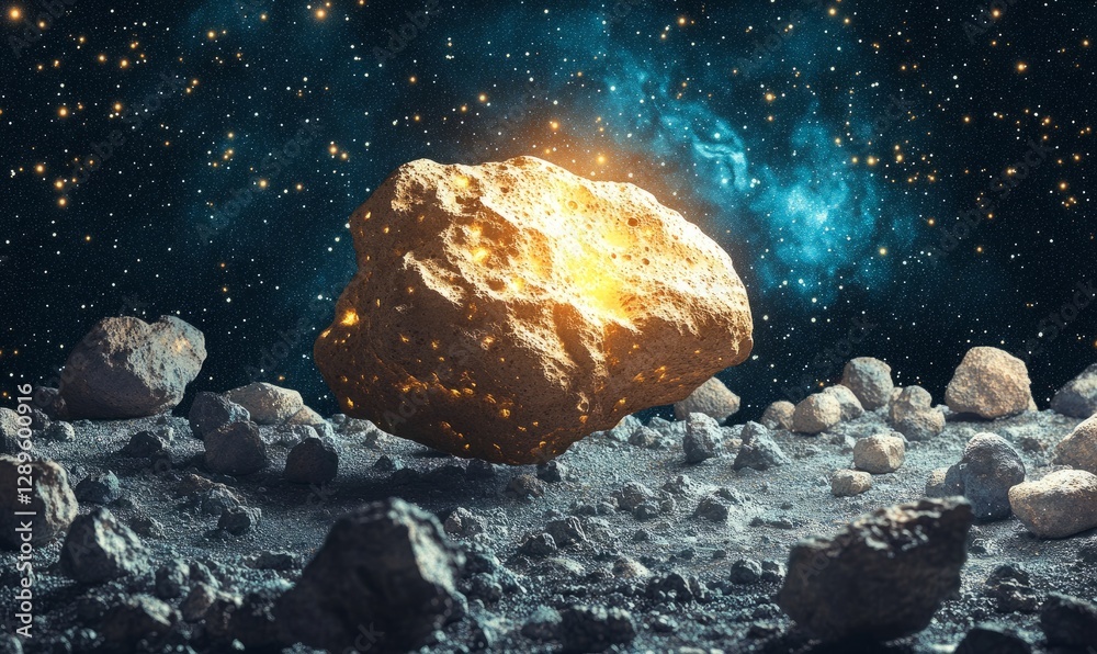 Sticker a glowing asteroid floating amidst a field of smaller rocks, set against the backdrop of a starry sk