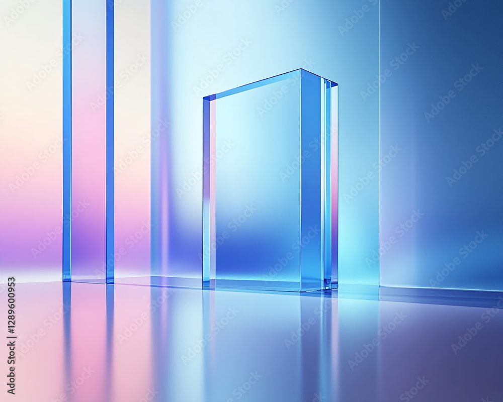 Poster abstract futuristic image of transparent blue and purple glass-like blocks, symbolizing technology, 
