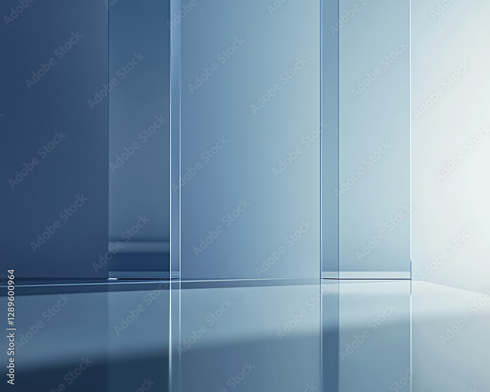 Poster abstract minimalist image of transparent glass blocks with a blue and white color gradient, symboliz