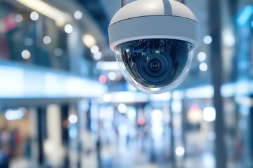 Security camera monitors activity within a busy shopping center during a bustling day