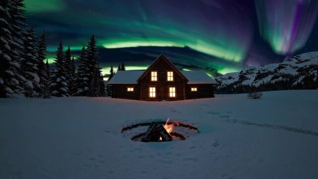 Stop Motion Style Footage of Aurora Streaming Over a Cabin in the Snow while a Campfire Burns. Looping. Animated Background / Wallpaper. VJ / Vtuber / Streamer Backdrop. Seamless Loop.