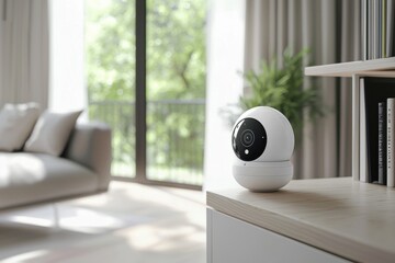 Smart home security camera positioned in a modern living room with natural light and greenery