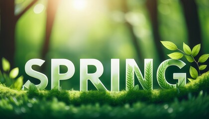 柔らかい緑の光が差し込む春の森林に、少しぼかされたSPRINGの文字が心地よく溶け込むデザイン
