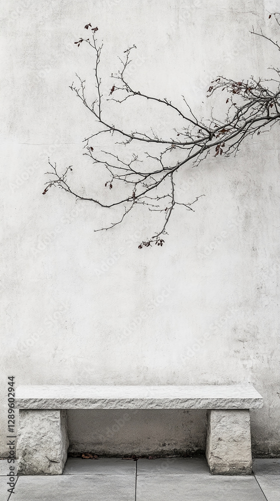 Poster A stone bench placed against a minimalist white wall with a sparse branch extending from the side, symbolizing solitude, simplicity, and quiet reflection in a peaceful setting.