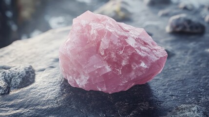 Beautiful pink rose quartz stone with a rough texture that looks like velvet.