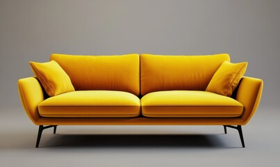 Bold yellow sofa with sleek modern design placed on a neutral gray background, warm light highlighting its vibrant and comfortable aesthetic