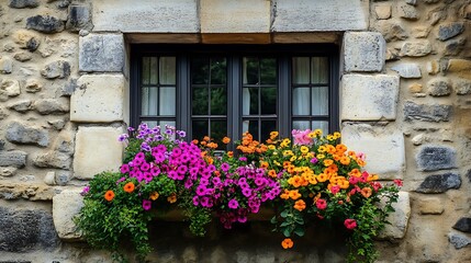 Window with a colorful flower box on a stone building facade