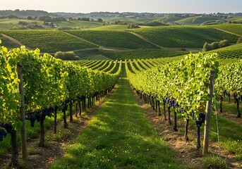 Fototapeta premium Walking Through Sunny Vineyard with Ripe Grapes and Rolling Hills