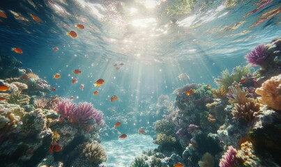 Fototapeta premium Bright underwater scene with colorful coral reefs and tropical fish, sunlight streaming through crystal-clear water creating a lively and vibrant marine composition