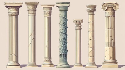 Cartoon drawings of columns, including Greek temple columns and Roman architecture elements. These ancient pillars are decorated with ornaments and are used in modern architecture today.