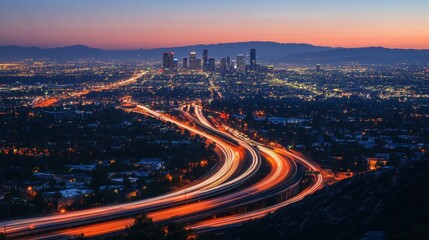 Breathtaking view from above of a lit-up highway at night, showing how it moves and looks in the city. A good image for speed, transportation, and how we build our cities today.