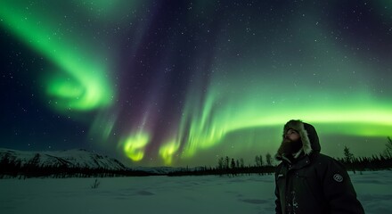 Fototapeta premium Watching Aurora Borealis Display Over Snowy Landscape with Person Gazing Up