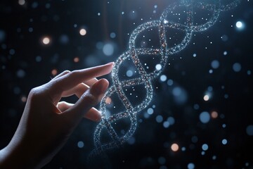 Woman hand touching glowing dna strand made of digital particles in dark background. Medical research, genetic engineering and biotechnology concept visualization