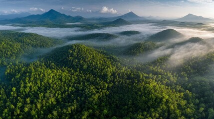 Obraz premium Aerial panoramic view of tropical mountains covered in lush greenery with mist and fog in the distance, under a vast blue sky with scattered white clouds, creating a serene and breathtaking landscape.