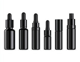 Obraz premium Collection of black cosmetic bottles with droppers and spray.