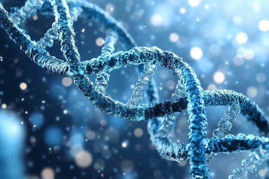 Digital illustration of dna molecule structure in blue color with bokeh effect and blur background. Medical research and biotech science concept. Genetic analysis model.