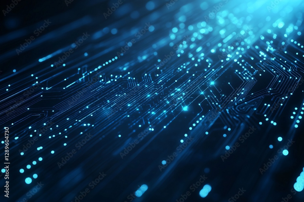 Wall mural digital network with glowing blue light trails and particles on dark background. abstract technology