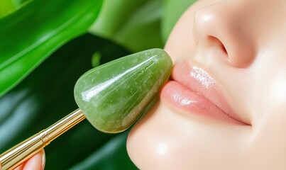 A close-up of a female's face using a jade roller, showcasing smooth skin and natural beauty in a...