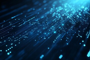 Digital network with glowing blue light trails and particles on dark background. Abstract technology visualization for ai, data science and cyber security concept