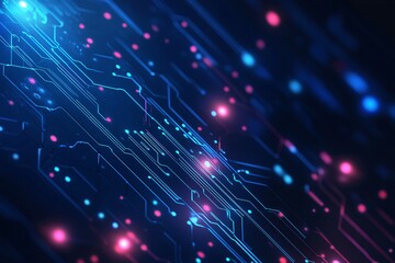 Digital circuit pattern with glowing dots and lines on dark blue background. Technology motherboard abstract design for computer science, ai and machine learning concept
