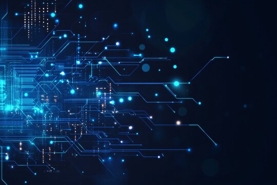 Digital blue circuit board pattern with glowing nodes on dark background. Abstract technology network concept. Data flow visualization for ai and cybersecurity business