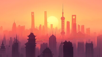 Fototapeta premium Chinese city skyline with tall buildings, towers, and a pagoda in a panoramic view.