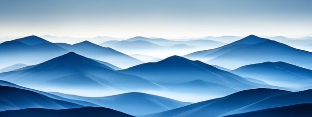 Obraz premium Aerial panoramic view of tropical mountains covered in lush greenery with mist and fog in the distance, under a vast blue sky with scattered white clouds, creating a serene and breathtaking landscape.