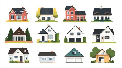 Fototapeta premium Collection of different houses with roofs and trees in a flat design. Traditional and modern American houses on a white background.