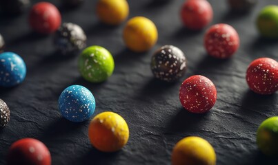 Brightly colored chocolate truffles arranged on a textured dark surface, illuminated softly for a gourmet and playful presentation
