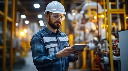 A worker in a manufacturing setting examines a tablet screen