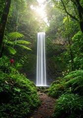 Waterfall Cascading Through Lush Green Rainforest Landscape with Sunlit Canopy